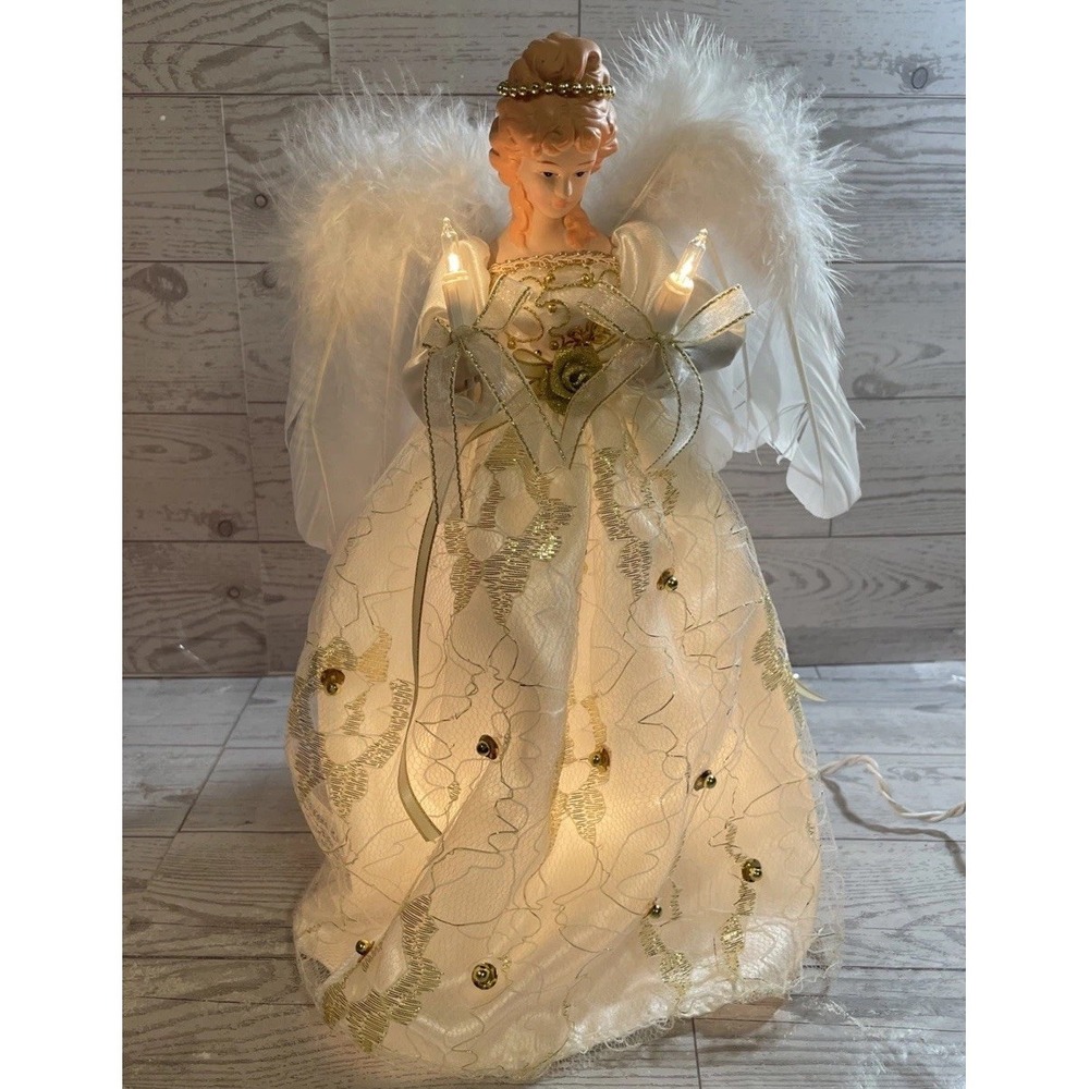 Kurt Adler 14-Inch ‎ Lighted Angel Tree topper Porcelain Face White Gold Dress